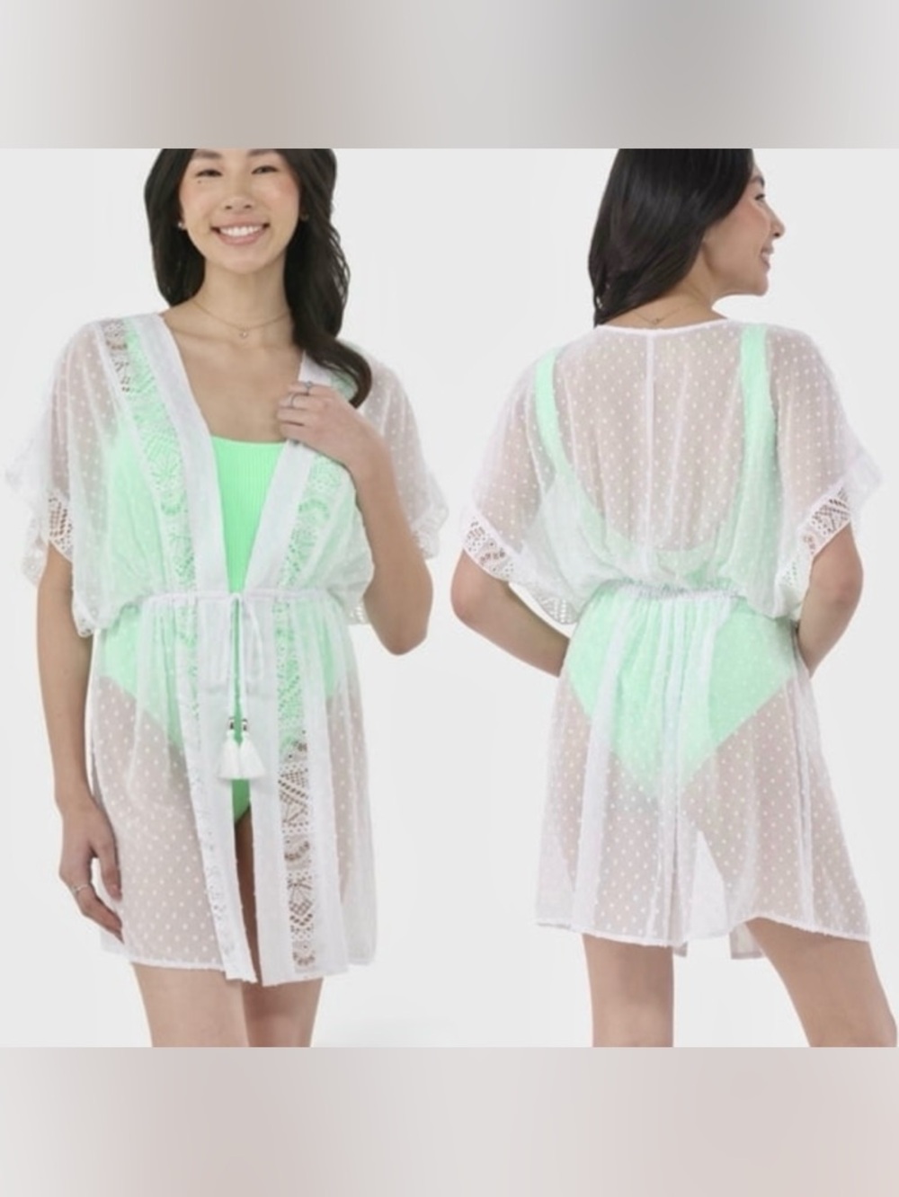 No Boundaries Swiss Dot Swim Coverup Lace Tassels White